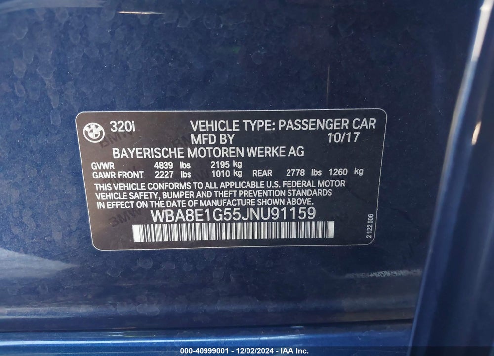 2018 BMW 320I VIN: WBA8E1G55JNU91159