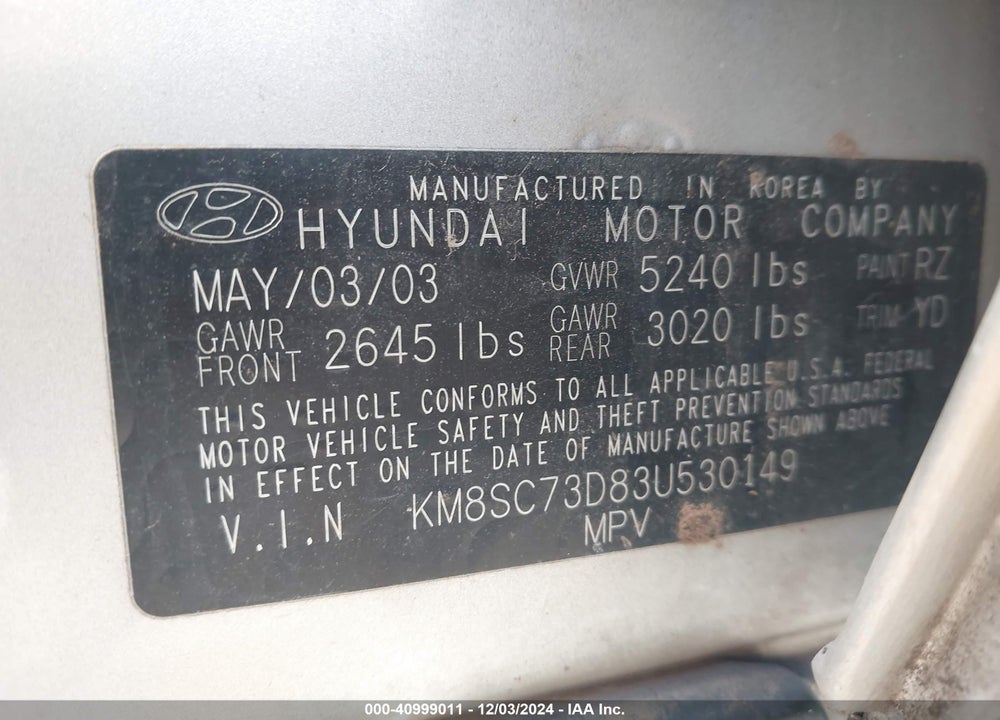 2003 HYUNDAI SANTA FE GLS/LX VIN: KM8SC73D83U530149