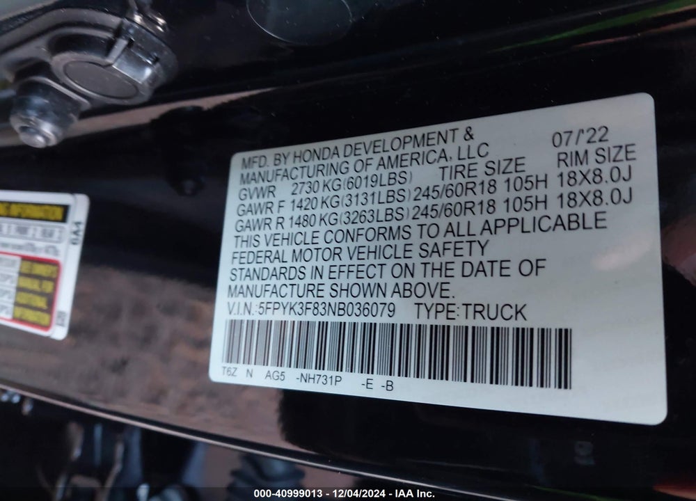 2022 HONDA RIDGELINE BLACK EDITION VIN: 5FPYK3F83NB036079