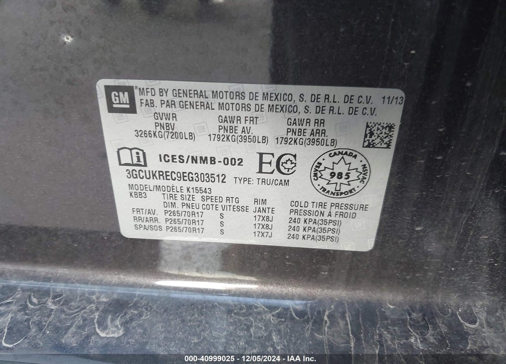 2014 CHEVROLET SILVERADO 1500 VIN: 3GCUKREC9EG303512