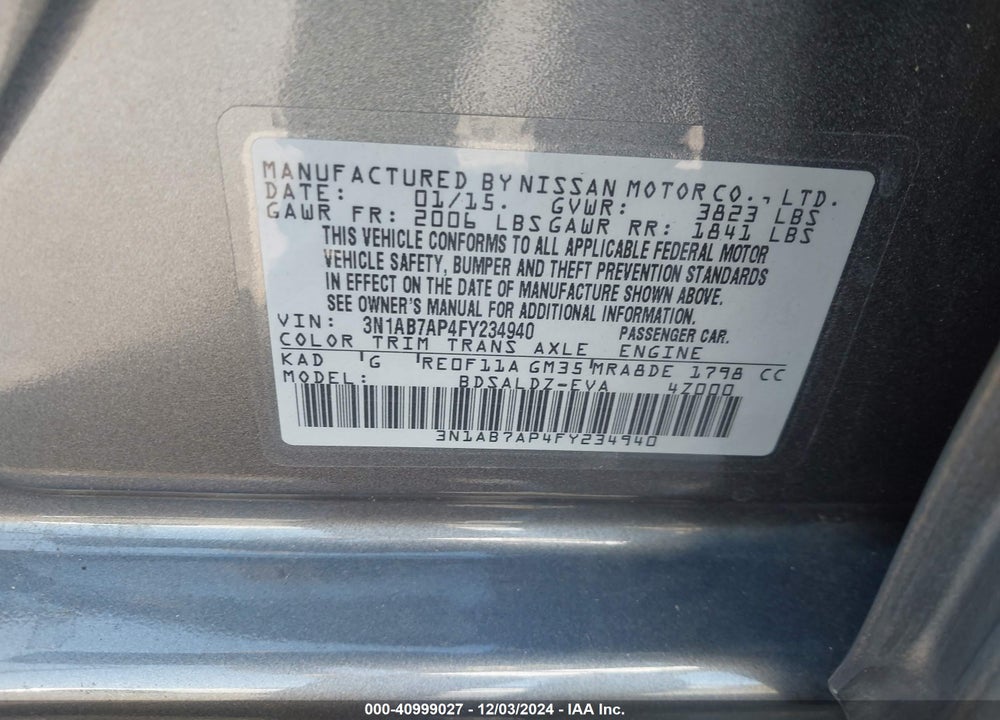 2015 NISSAN SENTRA SV VIN: 3N1AB7AP4FY234940