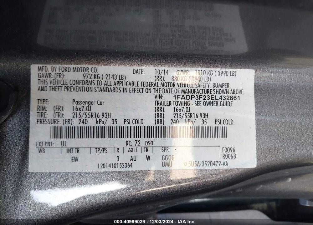 2014 FORD FOCUS SE VIN: 1FADP3F23EL432861