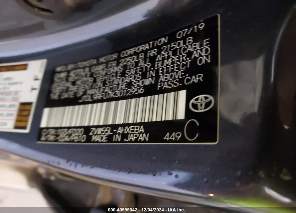 2019 TOYOTA PRIUS LE VIN: JTDL9RFU7K3012956