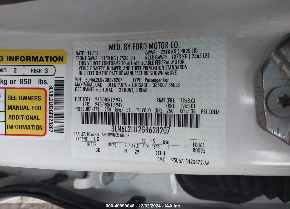 2016 LINCOLN MKZ HYBRID VIN: 3LN6L2LU2GR628207