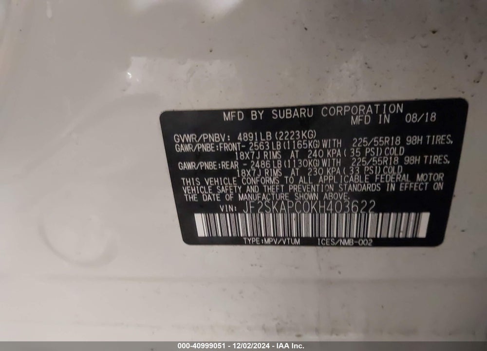 2019 SUBARU FORESTER SPORT VIN: JF2SKAPC0KH403622
