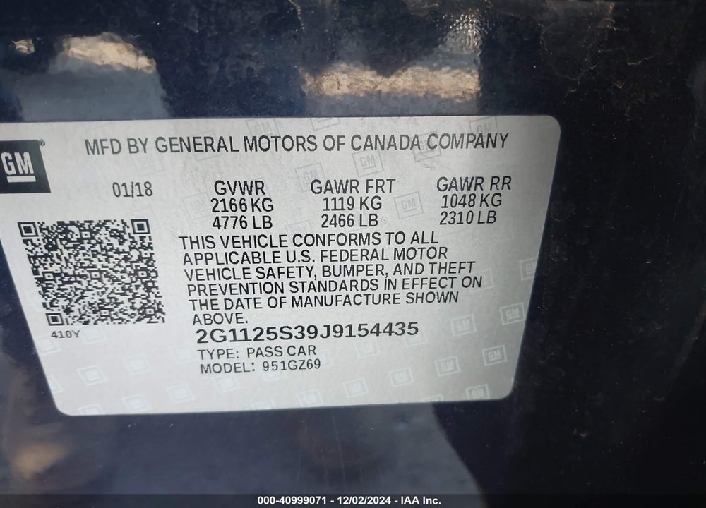 2018 CHEVROLET IMPALA VIN: 2G1125S39J9154435