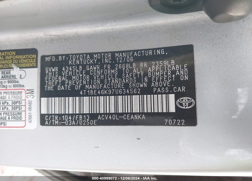 2007 TOYOTA CAMRY LE VIN: 4T1BE46K97U634562
