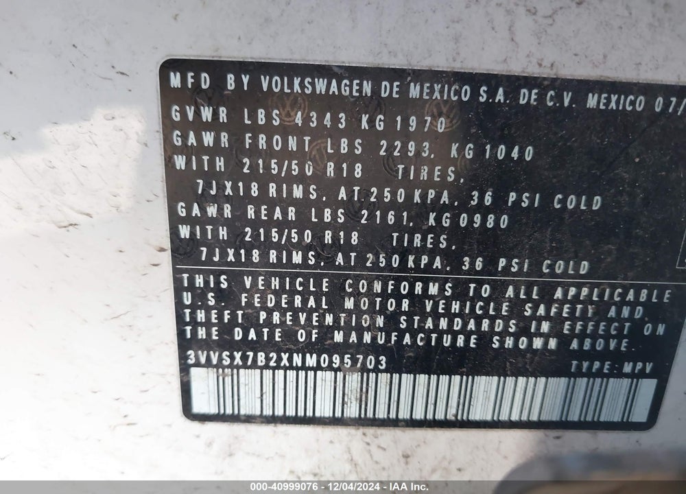 2022 VOLKSWAGEN TAOS 1.5T SE VIN: 3VVSX7B2XNM095703