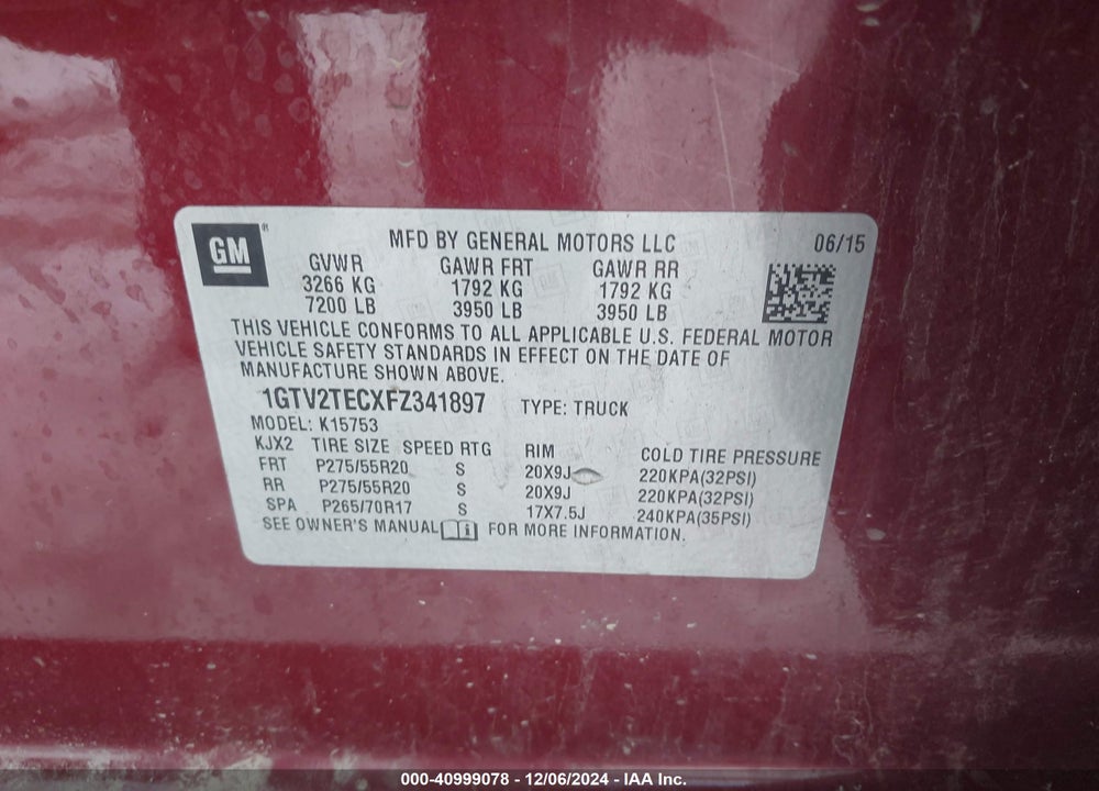 2015 GMC SIERRA 1500 VIN: 1GTV2TECXFZ341897
