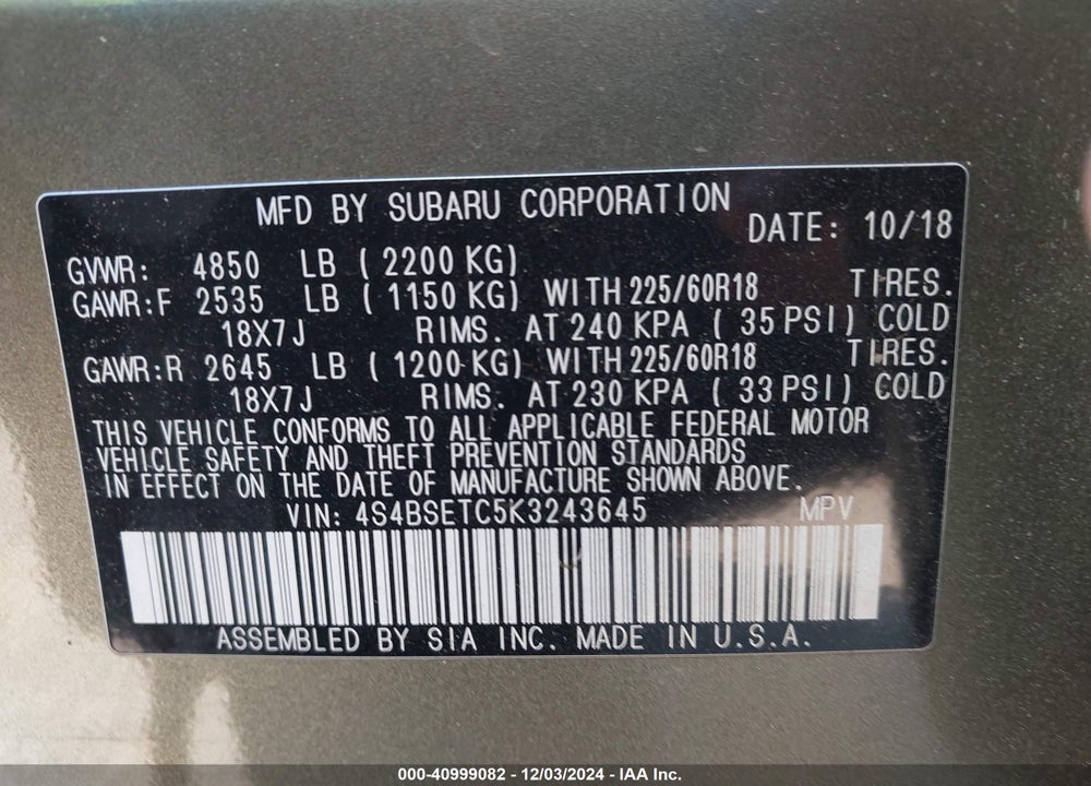 2019 SUBARU OUTBACK VIN: 4S4BSETC5K3243645