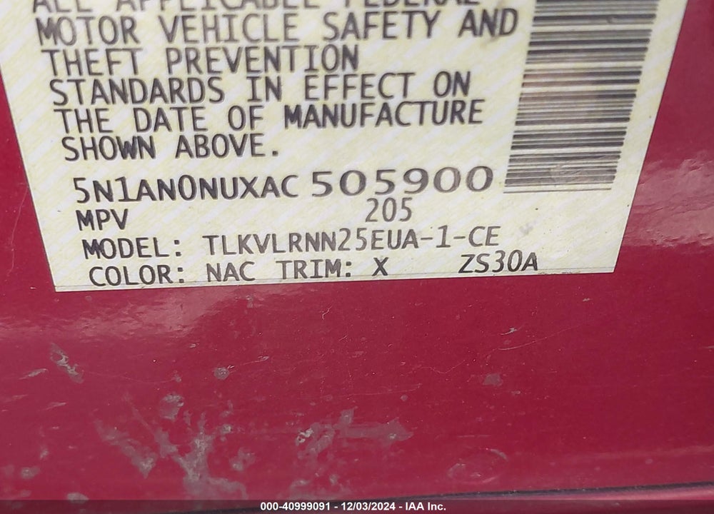 2010 NISSAN XTERRA S VIN: 5N1AN0NUXAC505900