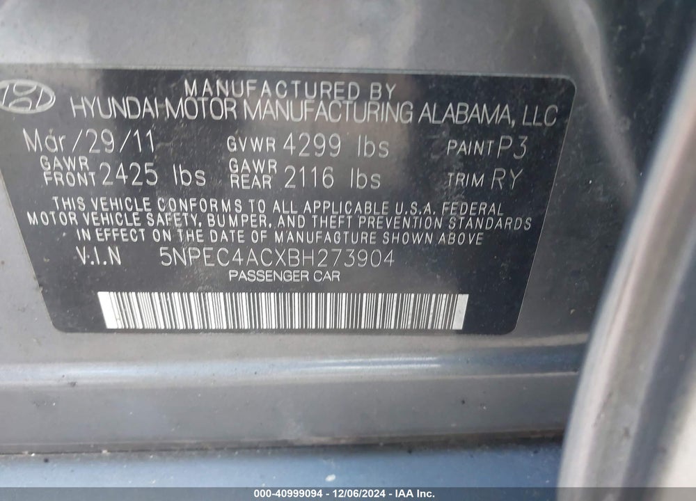 2011 HYUNDAI SONATA LIMITED VIN: 5NPEC4ACXBH273904