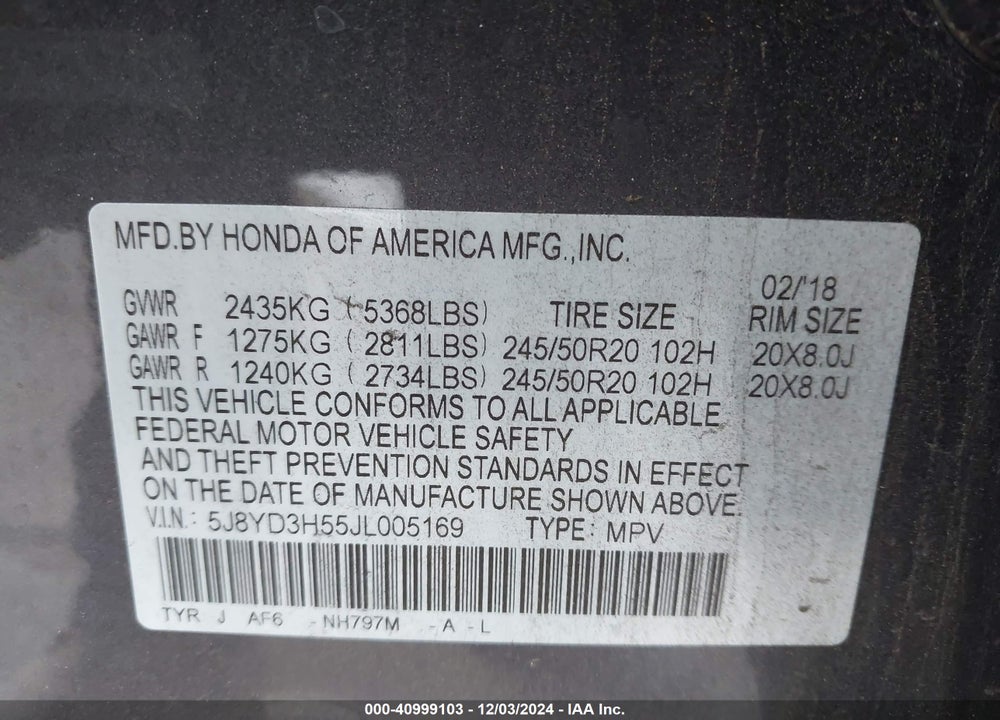 2018 ACURA MDX VIN: 5J8YD3H55JL005169