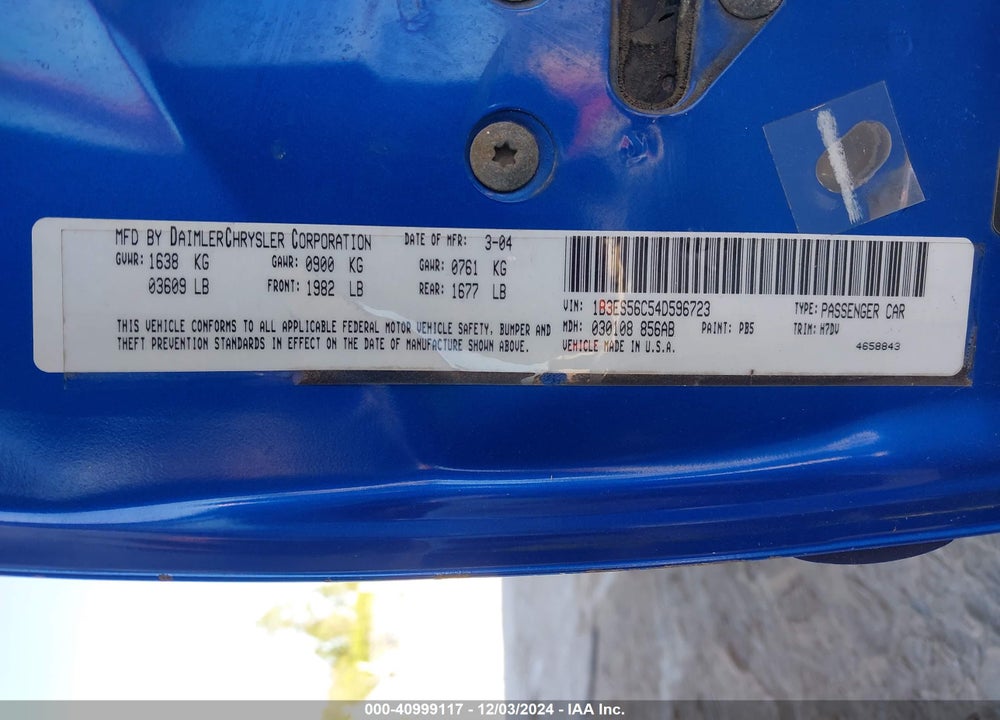 2004 DODGE NEON SXT VIN: 1B3ES56C54D596723