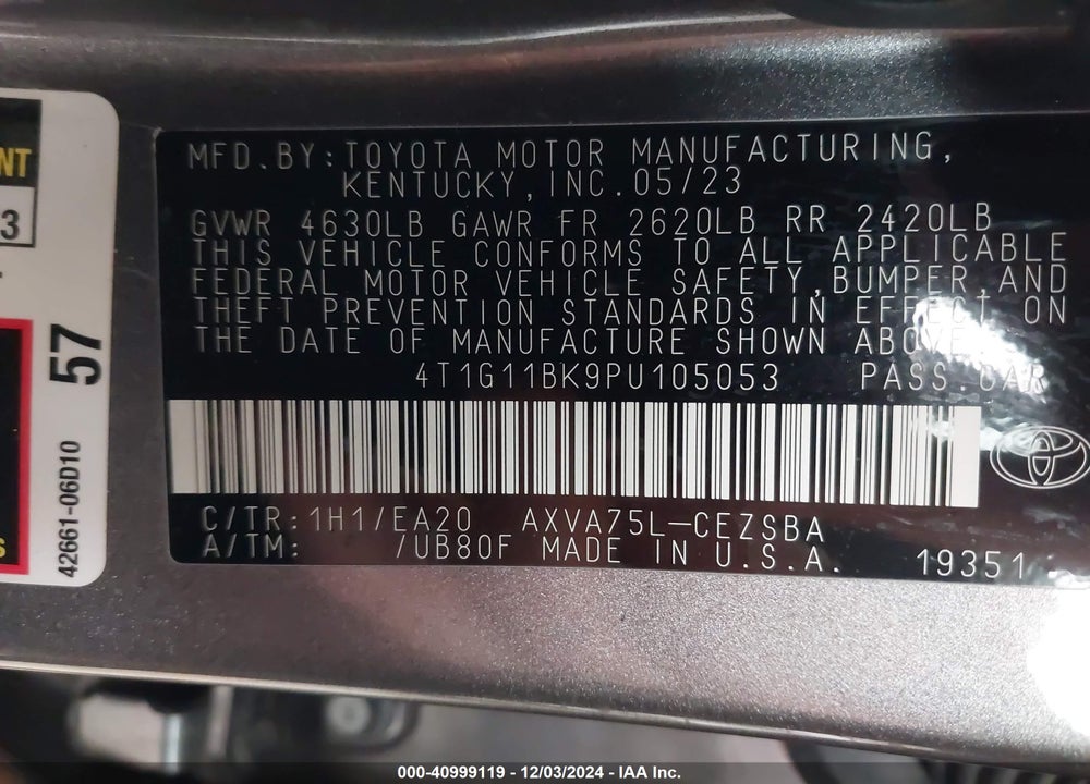 2023 TOYOTA CAMRY SE AWD VIN: 4T1G11BK9PU105053