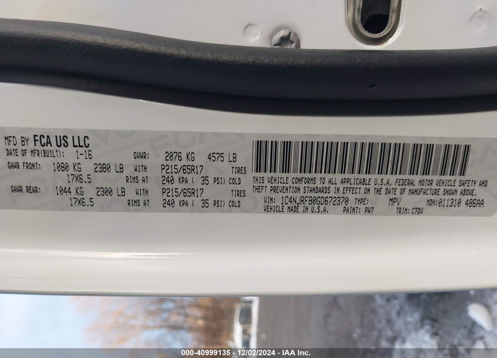 2016 JEEP PATRIOT LATITUDE VIN: 1C4NJRFB0GD672370
