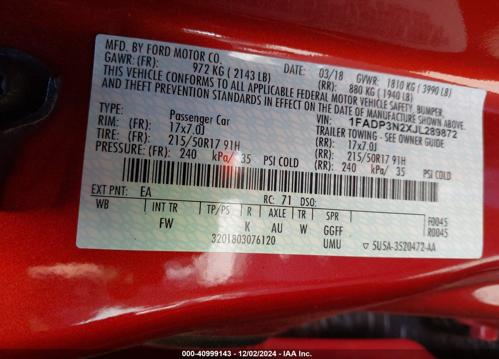 2018 FORD FOCUS TITANIUM VIN: 1FADP3N2XJL289872