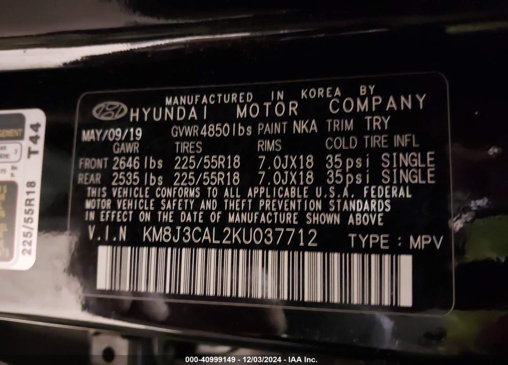2019 HYUNDAI TUCSON ULTIMATE VIN: KM8J3CAL2KU037712