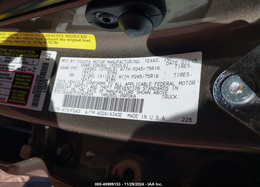 2015 TOYOTA TACOMA PRERUNNER VIN: 5TFJX4GN7FX042545
