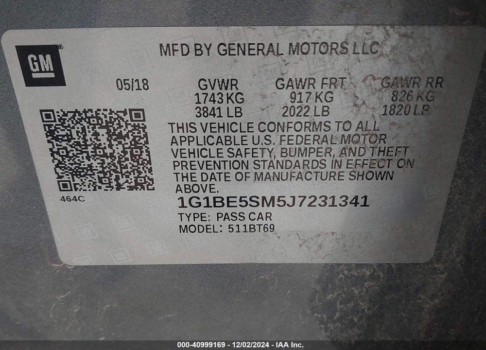 2018 CHEVROLET CRUZE LT AUTO VIN: 1G1BE5SM5J7231341