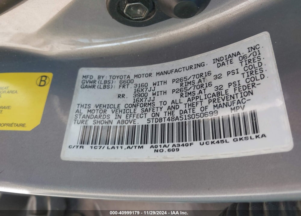 2001 TOYOTA SEQUOIA LIMITED V8 VIN: 5TDBT48A51S050699