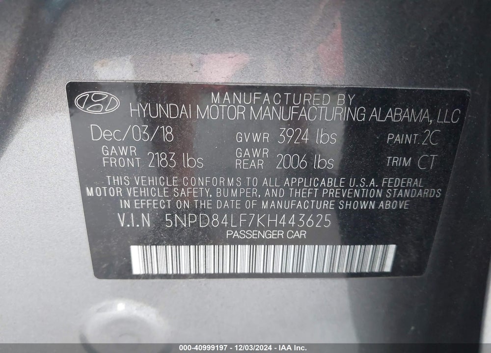 2019 HYUNDAI ELANTRA VIN: 5NPD84LF7KH443625
