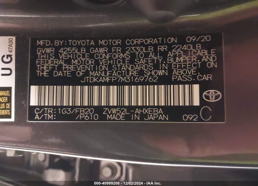 2021 TOYOTA PRIUS PRIME LE VIN: JTDKAMFP7M3169762