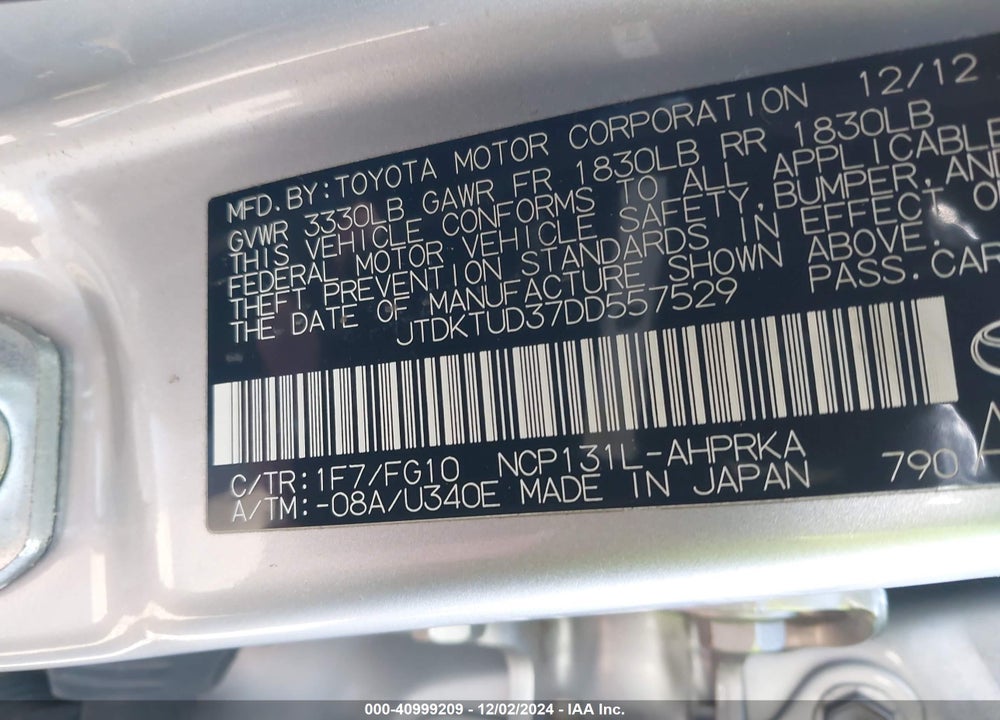 2013 TOYOTA YARIS LE VIN: JTDKTUD37DD557529