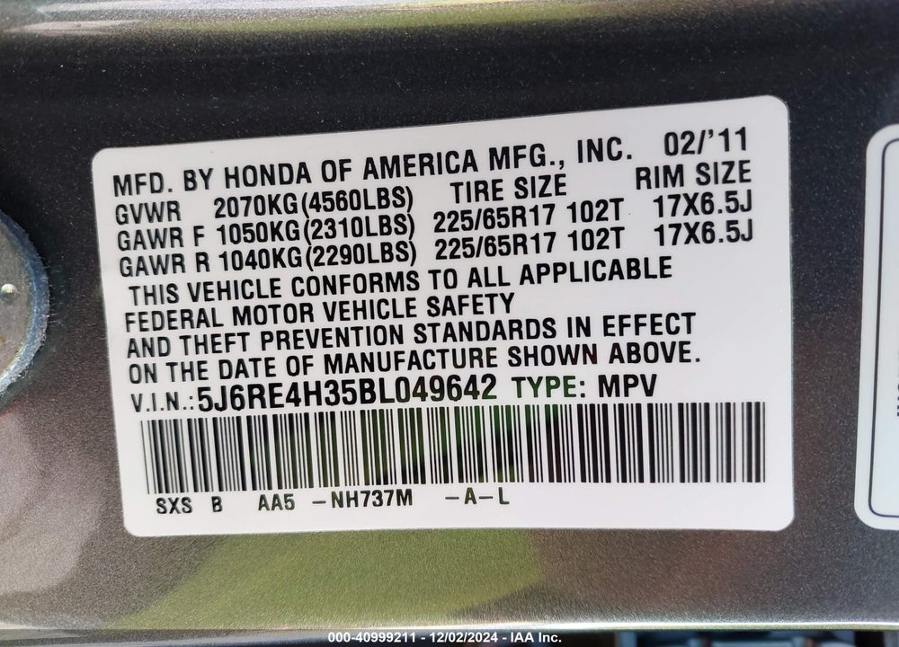 2011 HONDA CR-V LX VIN: 5J6RE4H35BL049642