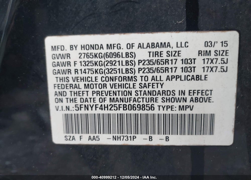 2015 HONDA PILOT LX VIN: 5FNYF4H25FB069856
