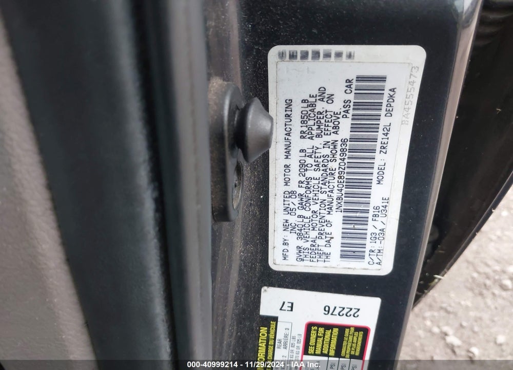 2009 TOYOTA COROLLA VIN: 1NXBU40E89Z049836