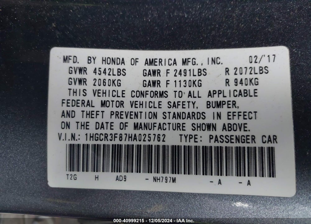 2017 HONDA ACCORD EX-L V6 VIN: 1HGCR3F87HA025762