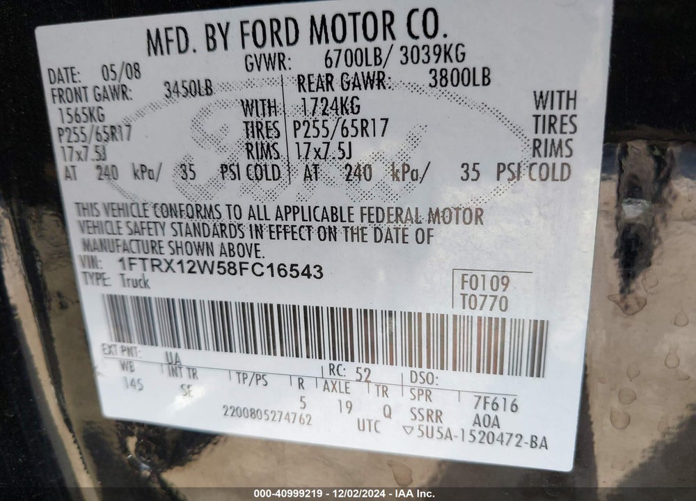 2008 FORD F-150 FX2/STX/XL/XLT VIN: 1FTRX12W58FC16543