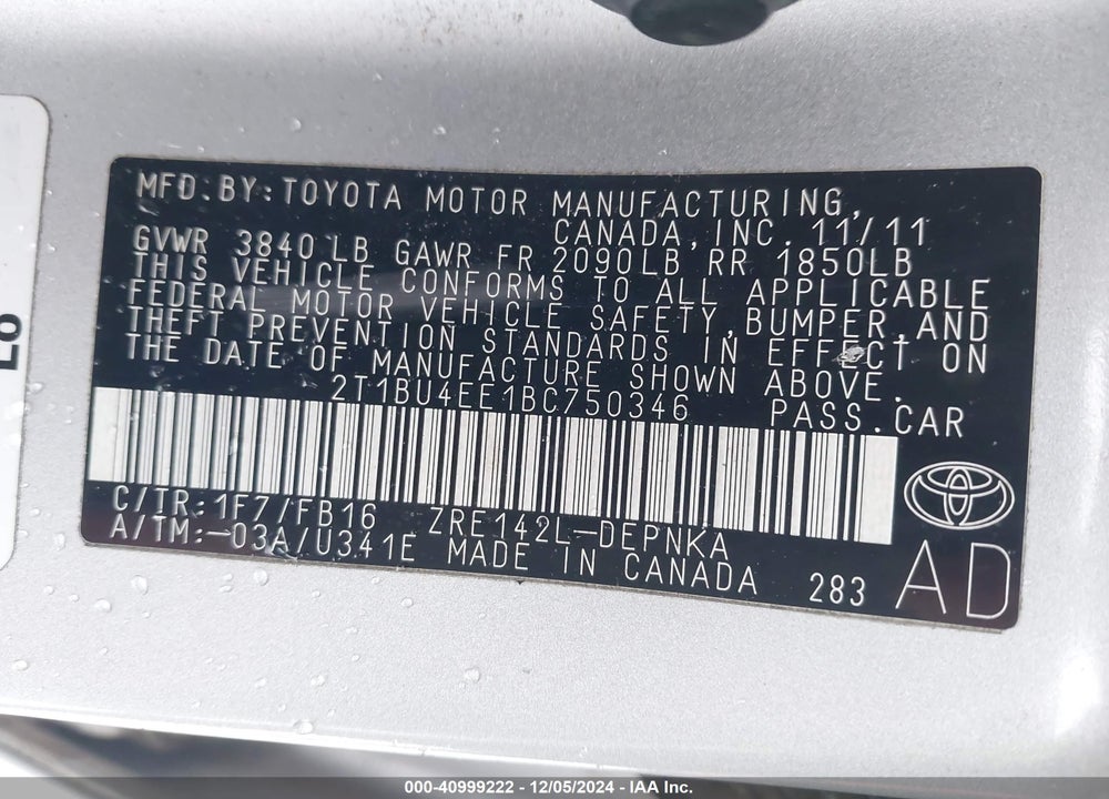 2011 TOYOTA COROLLA LE VIN: 2T1BU4EE1BC750346