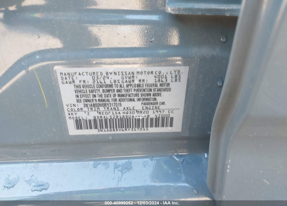 2024 NISSAN SENTRA SR XTRONIC CVT VIN: 3N1AB8DV6RY317015