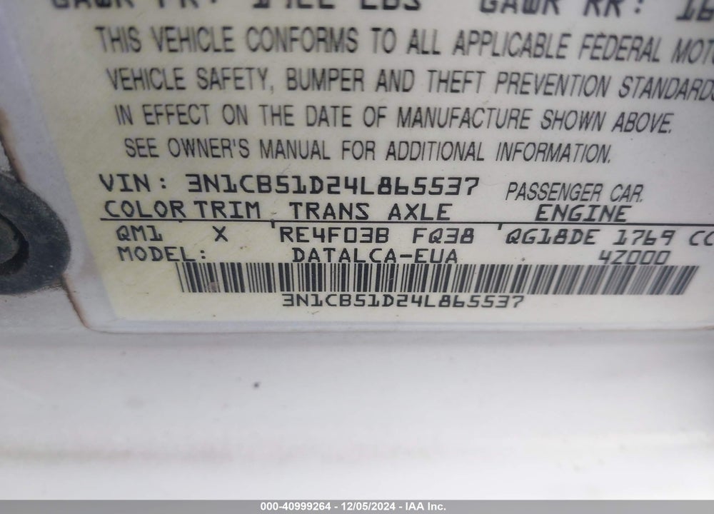 2004 NISSAN SENTRA 1.8 VIN: 3N1CB51D24L865537