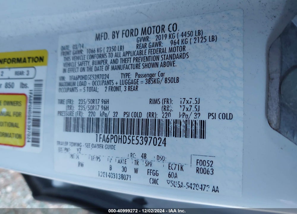 2014 FORD FUSION VIN: 1FA6P0HD5E5397024