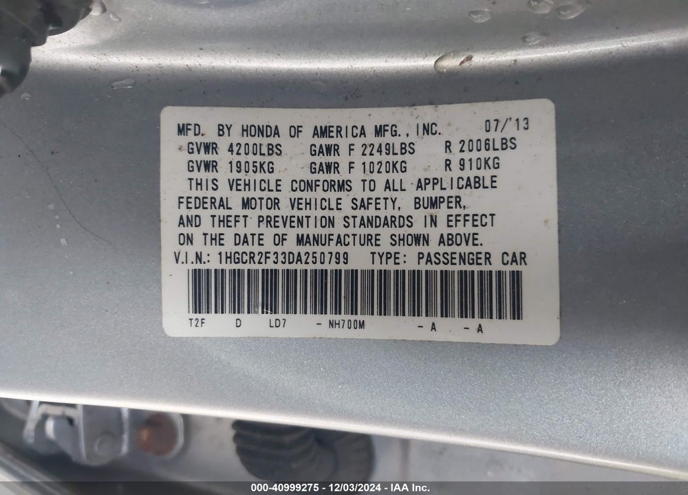 2013 HONDA ACCORD LX VIN: 1HGCR2F33DA250799