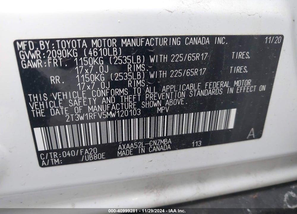 2021 TOYOTA RAV4 XLE VIN: 2T3W1RFV5MW120103