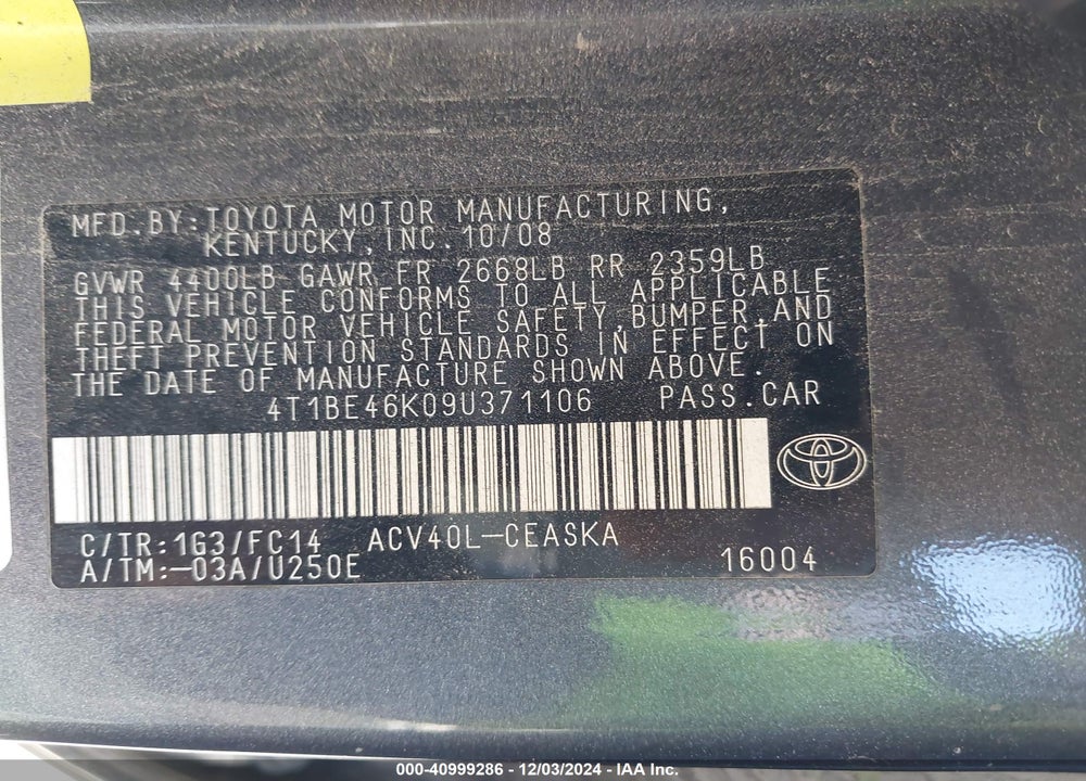 2009 TOYOTA CAMRY SE VIN: 4T1BE46K09U371106