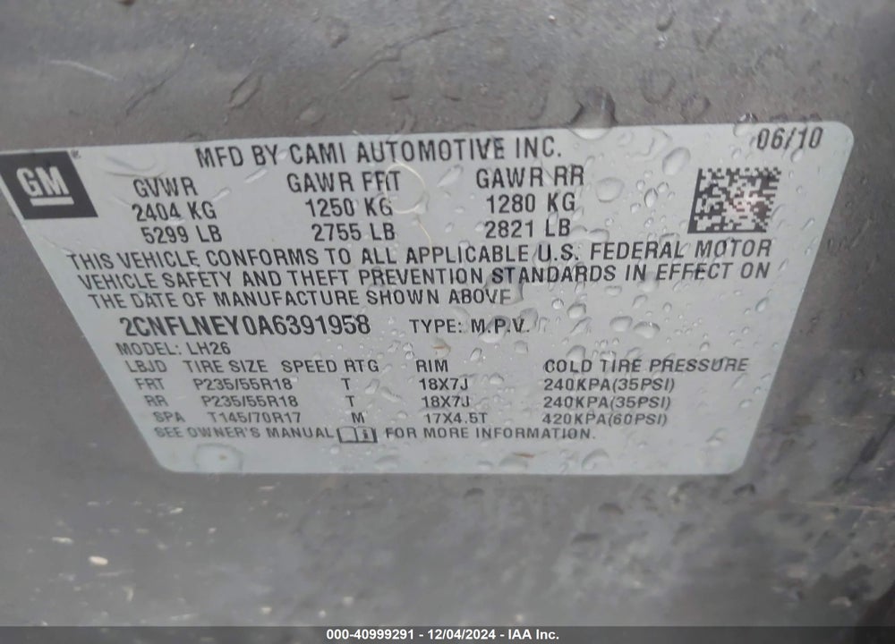 2010 CHEVROLET EQUINOX LT VIN: 2CNFLNEY0A6391958