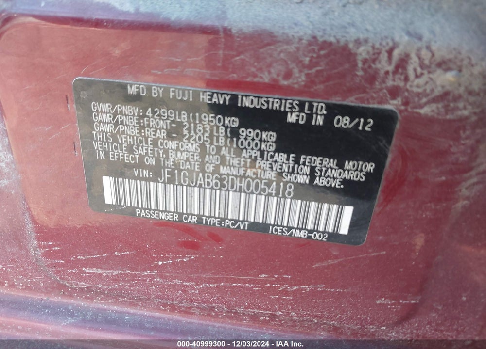 2013 SUBARU IMPREZA 2.0I PREMIUM VIN: JF1GJAB63DH005418