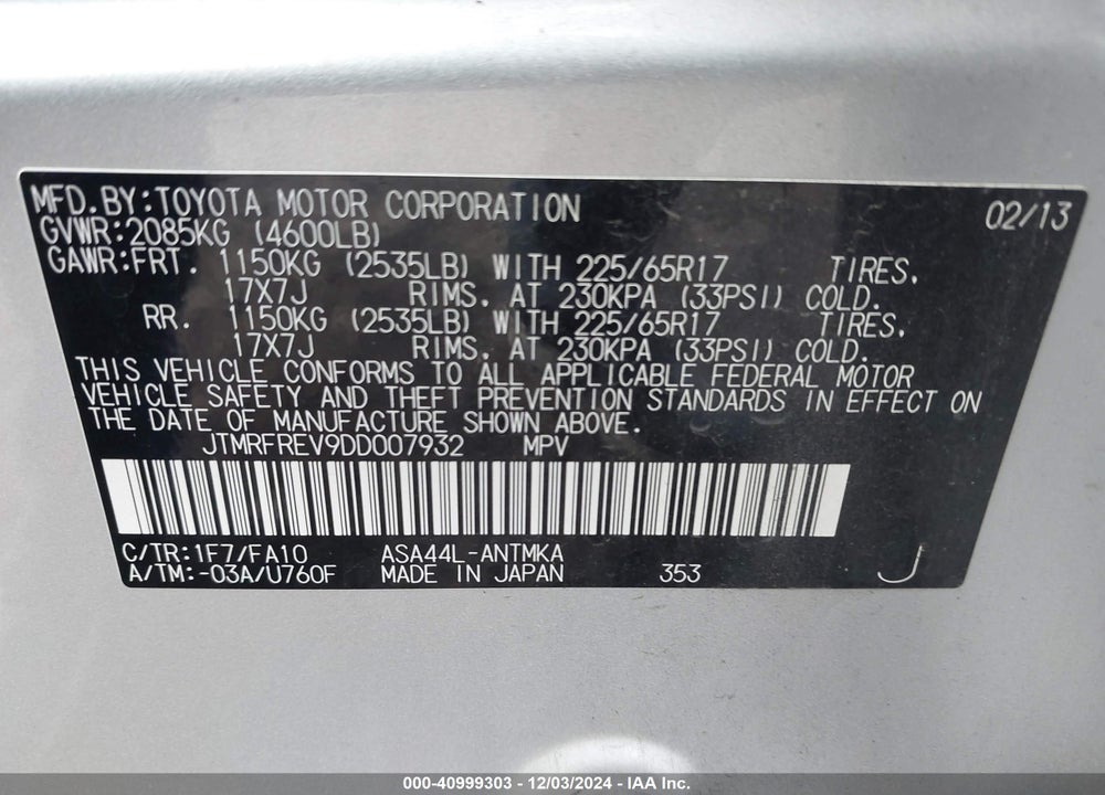 2013 TOYOTA RAV4 XLE VIN: JTMRFREV9DD007932