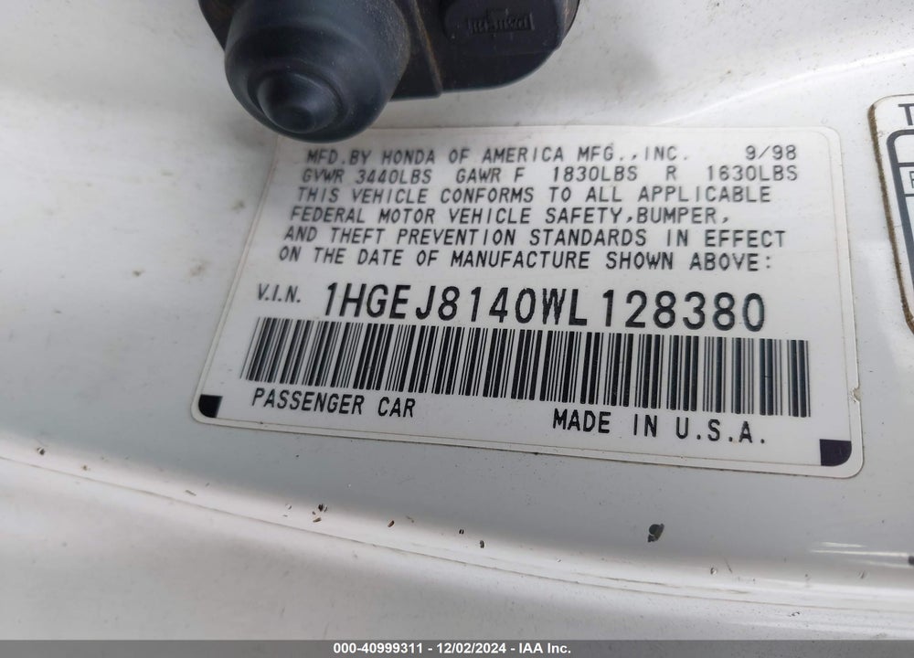 1998 HONDA CIVIC EX VIN: 1HGEJ8140WL128380