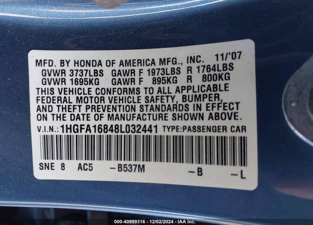 2008 HONDA CIVIC EX VIN: 1HGFA16848L032441