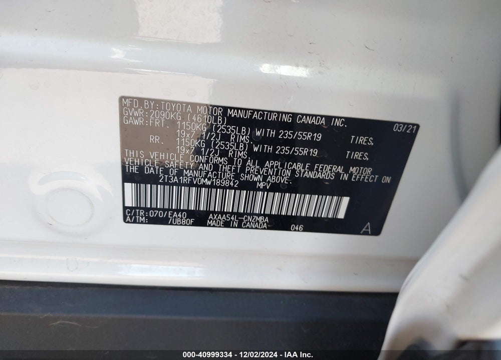 2021 TOYOTA RAV4 XLE PREMIUM VIN: 2T3A1RFV0MW189842