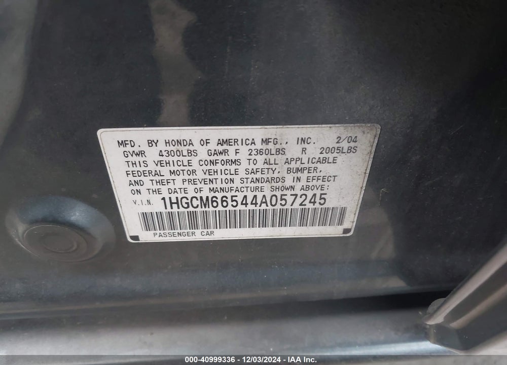 2004 HONDA ACCORD 3.0 EX VIN: 1HGCM66544A057245