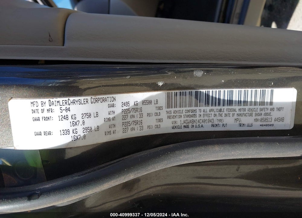 2004 JEEP GRAND CHEROKEE LAREDO VIN: 1J4GW48N14C401043