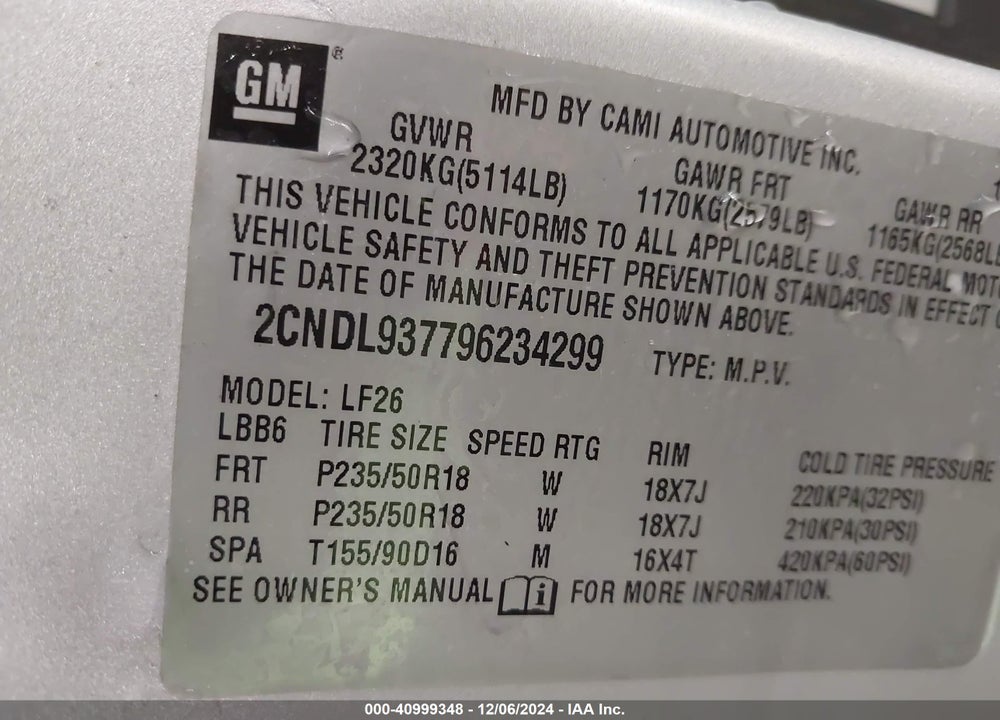 2009 CHEVROLET EQUINOX SPORT VIN: 2CNDL937796234299