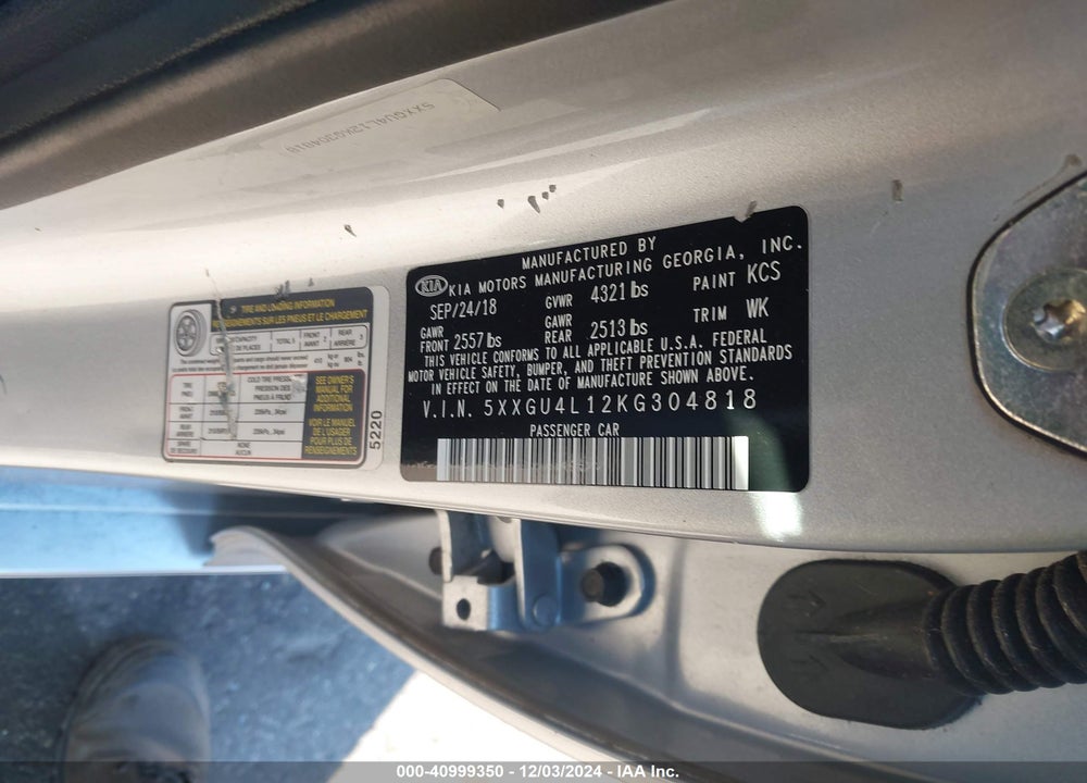 2019 KIA OPTIMA EX VIN: 5XXGU4L12KG304818